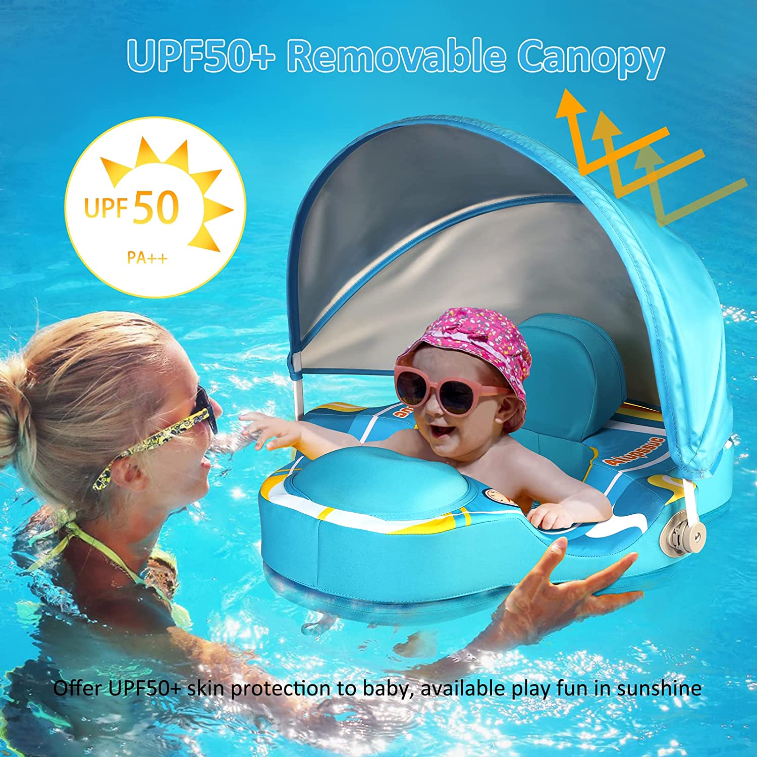 Alupssuc Baby Pool Float with 0-120° Removable UPF 50+ Sun Canopy, Widen  Wings No Flip over, Non Inflatable Infant Pool Float with Adjustable Safety 